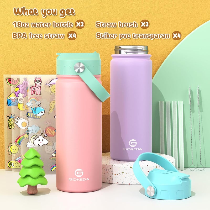 GOKEDA 18oz Kids Water Bottle, 2 Pack Insulated Bottles with Stickers, 18/8 Stainless Steel Vacuum Leak Proof Straw Cup for School, Gifts for Girls(Pink, Purple) - Image 2